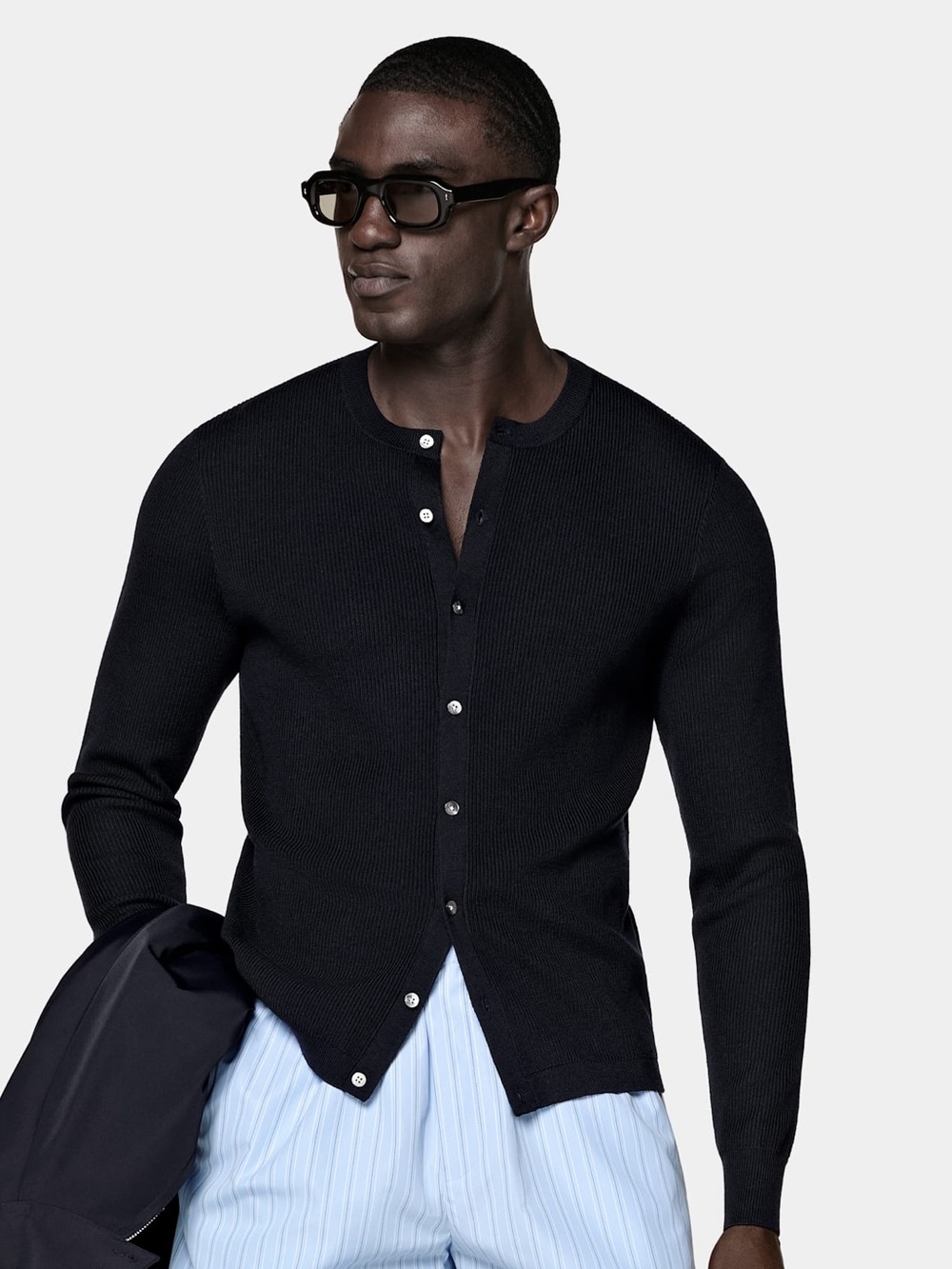 Suitsupply Navy Blue Ribbed Cardigan Pure Wool
